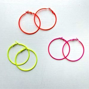Set of 3 80’s Neon Hoop Earrings - Pink Yellow and Orange Neon Hoops